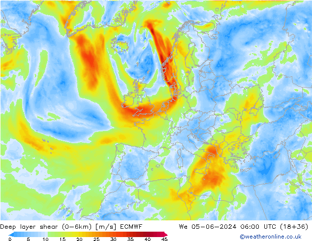 Deep layer shear (0-6km) ECMWF We 05.06.2024 06 UTC