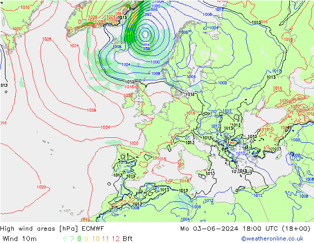 High wind areas ECMWF Mo 03.06.2024 18 UTC