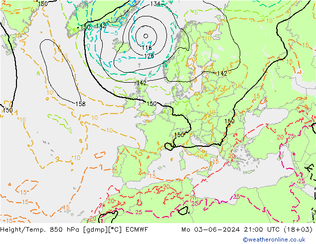 Height/Temp. 850 гПа ECMWF пн 03.06.2024 21 UTC