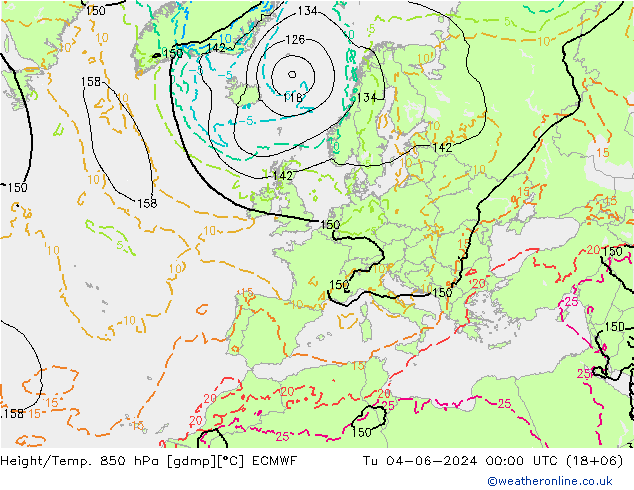 Z500/Rain (+SLP)/Z850 ECMWF 星期二 04.06.2024 00 UTC