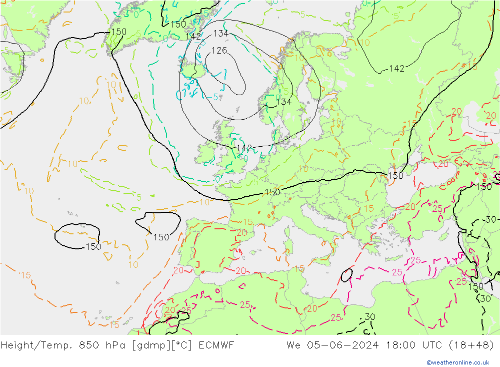 Z500/Rain (+SLP)/Z850 ECMWF Mi 05.06.2024 18 UTC