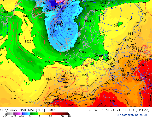 SLP/Temp. 850 hPa ECMWF Tu 04.06.2024 21 UTC