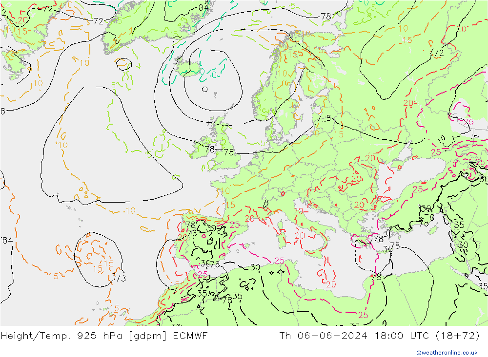 Height/Temp. 925 hPa ECMWF Th 06.06.2024 18 UTC