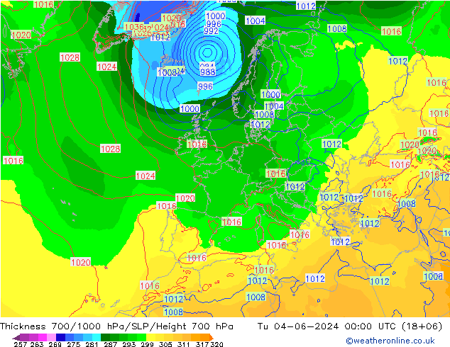 Thck 700-1000 гПа ECMWF вт 04.06.2024 00 UTC