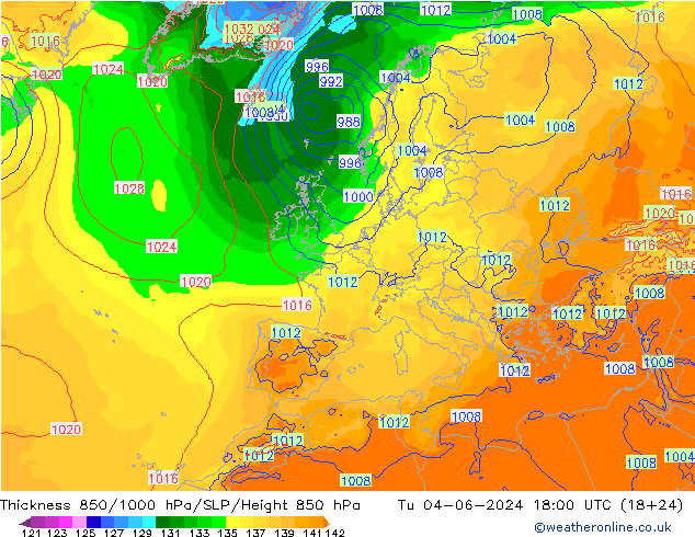 Thck 850-1000 hPa ECMWF Tu 04.06.2024 18 UTC