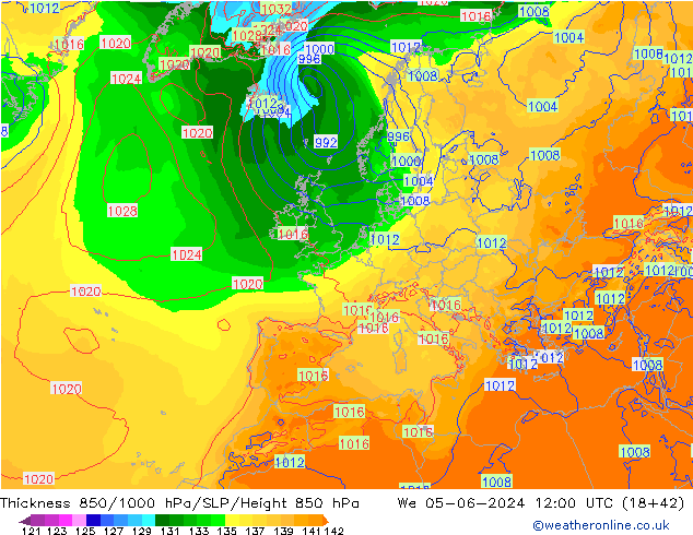 Dikte 850-1000 hPa ECMWF wo 05.06.2024 12 UTC