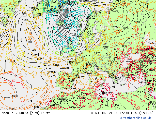 Theta-e 700hPa ECMWF Tu 04.06.2024 18 UTC