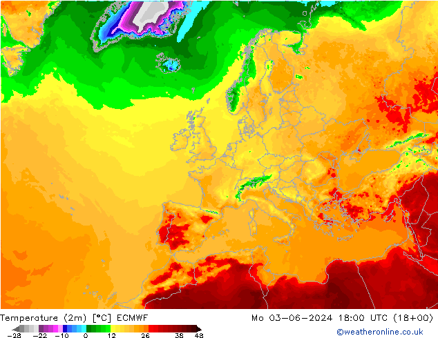 Temperaturkarte (2m) ECMWF Mo 03.06.2024 18 UTC