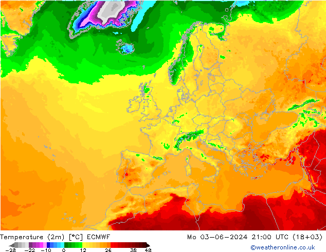 Temperatura (2m) ECMWF lun 03.06.2024 21 UTC
