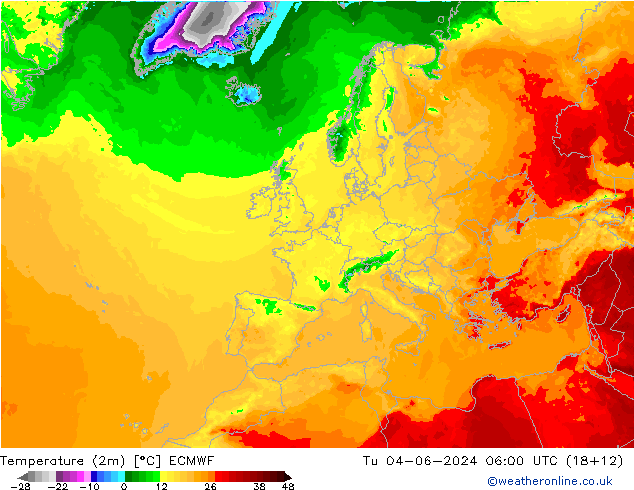 Temperatuurkaart (2m) ECMWF di 04.06.2024 06 UTC