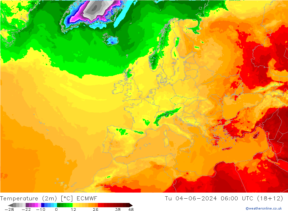 Temperatuurkaart (2m) ECMWF di 04.06.2024 06 UTC