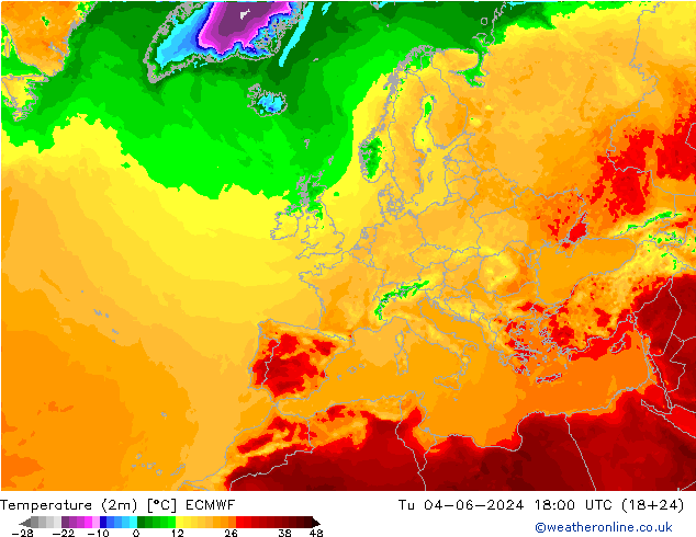 Temperaturkarte (2m) ECMWF Di 04.06.2024 18 UTC