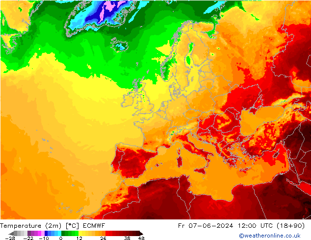 Temperature (2m) ECMWF Fr 07.06.2024 12 UTC