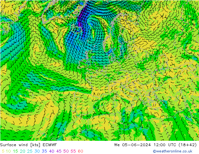 wiatr 10 m ECMWF śro. 05.06.2024 12 UTC