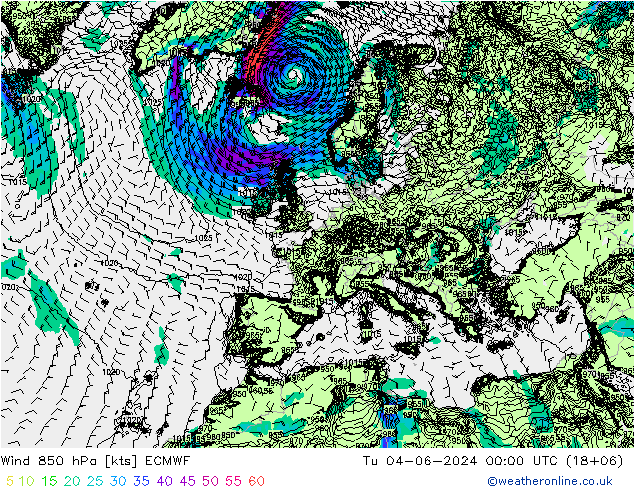 Wind 850 hPa ECMWF Tu 04.06.2024 00 UTC