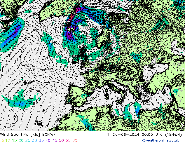 Viento 850 hPa ECMWF jue 06.06.2024 00 UTC