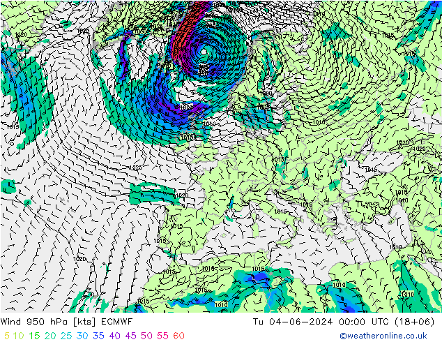 Wind 950 hPa ECMWF Di 04.06.2024 00 UTC