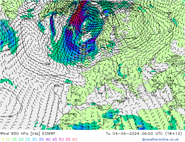 Wind 950 hPa ECMWF Út 04.06.2024 06 UTC