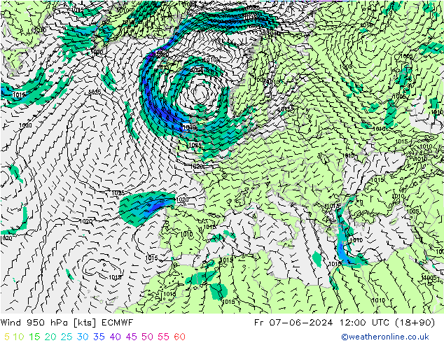 Wind 950 hPa ECMWF Fr 07.06.2024 12 UTC