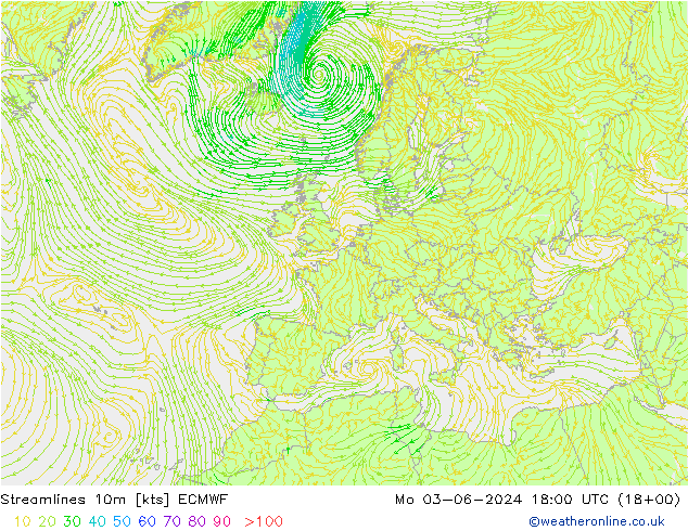 Ligne de courant 10m ECMWF lun 03.06.2024 18 UTC