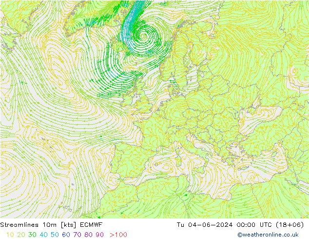 Línea de corriente 10m ECMWF mar 04.06.2024 00 UTC