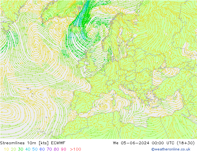 Streamlines 10m ECMWF We 05.06.2024 00 UTC