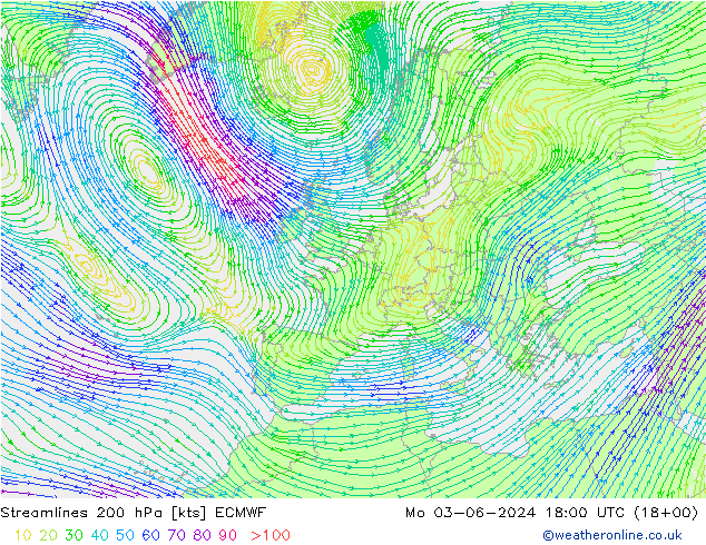 Stromlinien 200 hPa ECMWF Mo 03.06.2024 18 UTC