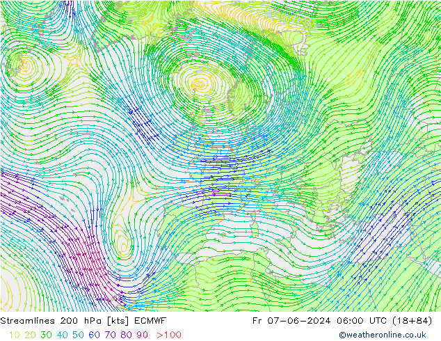 Linia prądu 200 hPa ECMWF pt. 07.06.2024 06 UTC