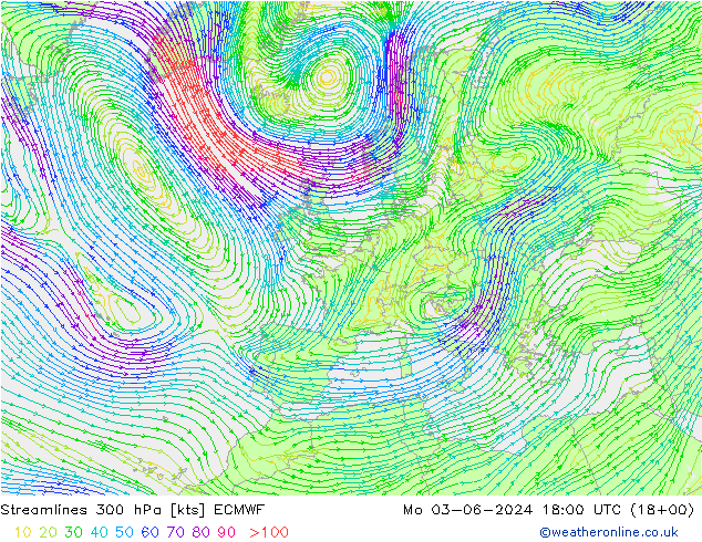 Stromlinien 300 hPa ECMWF Mo 03.06.2024 18 UTC