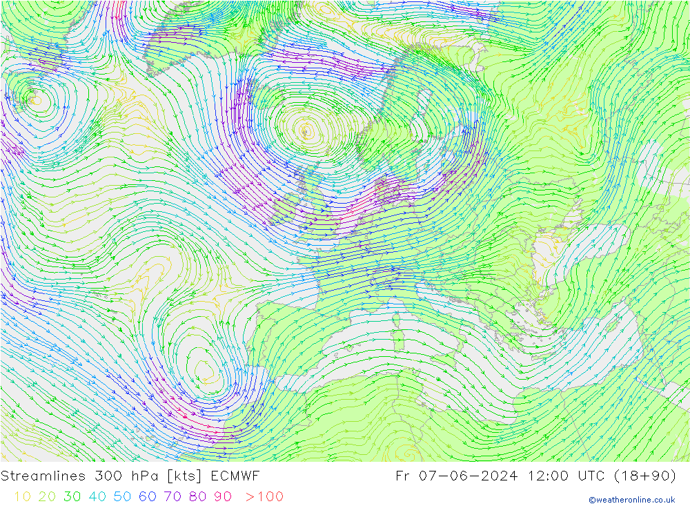 Linea di flusso 300 hPa ECMWF ven 07.06.2024 12 UTC