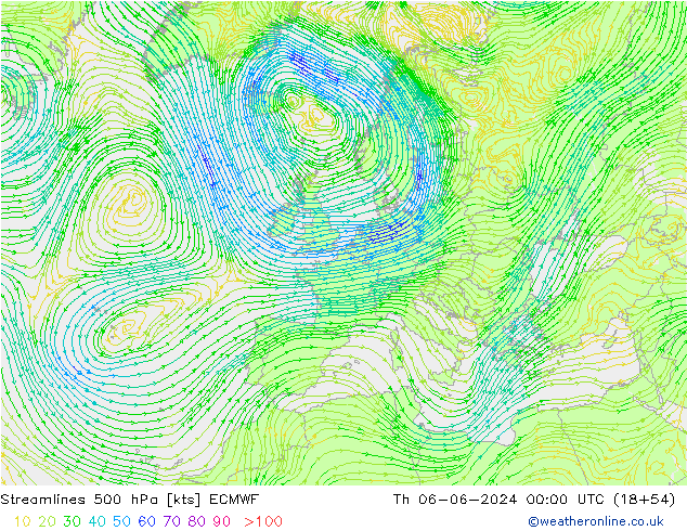 Streamlines 500 hPa ECMWF Th 06.06.2024 00 UTC