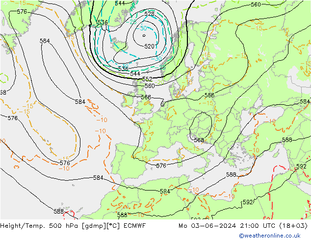 Height/Temp. 500 hPa ECMWF Mo 03.06.2024 21 UTC