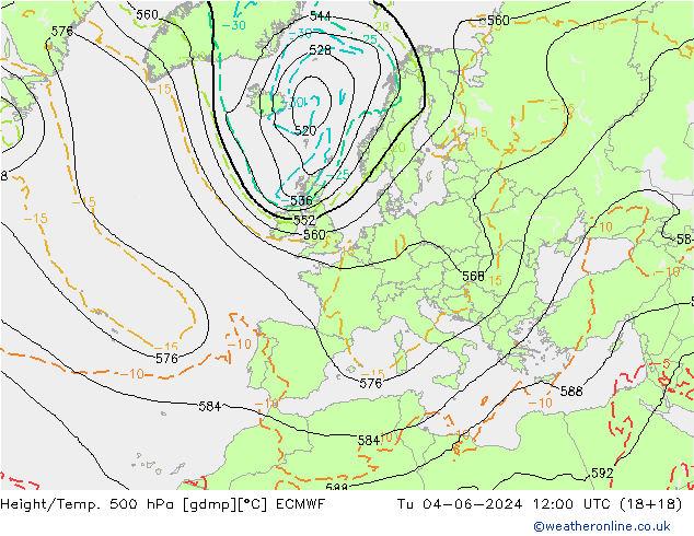 Z500/Rain (+SLP)/Z850 ECMWF 星期二 04.06.2024 12 UTC