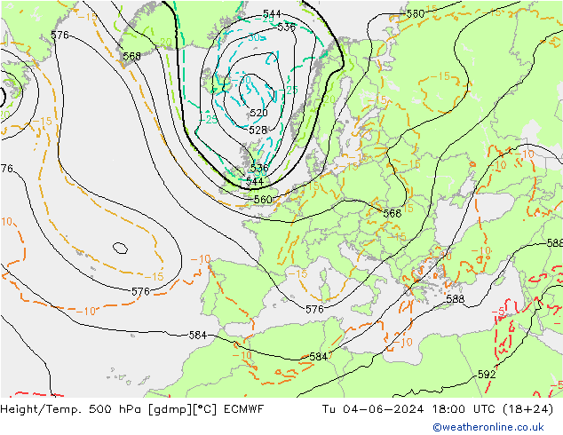 Z500/Rain (+SLP)/Z850 ECMWF 星期二 04.06.2024 18 UTC