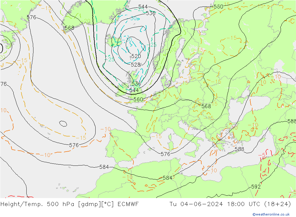 Z500/Rain (+SLP)/Z850 ECMWF 星期二 04.06.2024 18 UTC