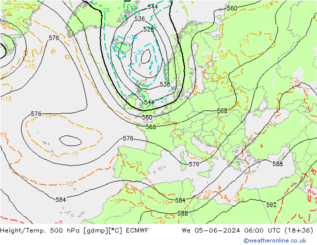 Height/Temp. 500 hPa ECMWF Mi 05.06.2024 06 UTC