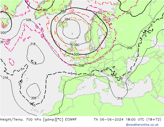 Height/Temp. 700 hPa ECMWF Th 06.06.2024 18 UTC