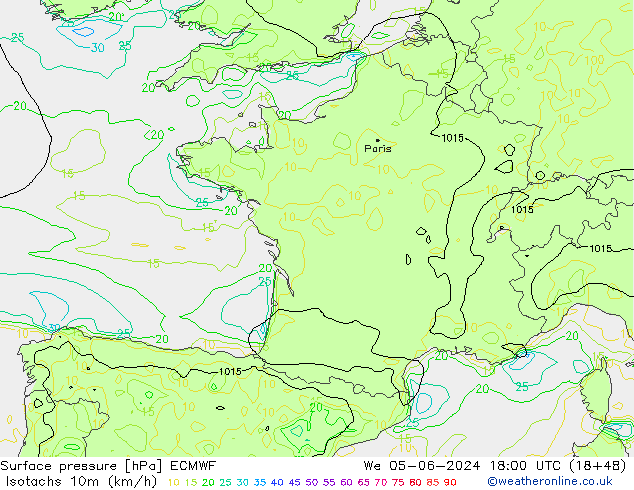 Isotachs (kph) ECMWF mer 05.06.2024 18 UTC