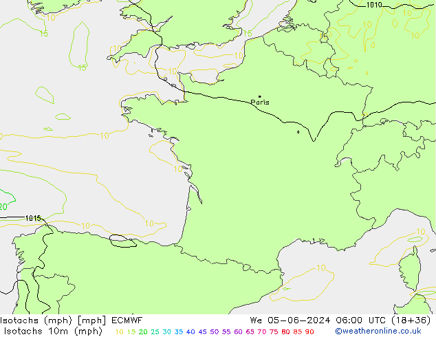Isotachs (mph) ECMWF mer 05.06.2024 06 UTC