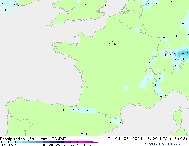 Precipitation (6h) ECMWF Tu 04.06.2024 00 UTC