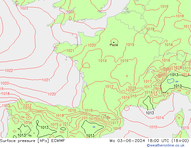 Surface pressure ECMWF Mo 03.06.2024 18 UTC