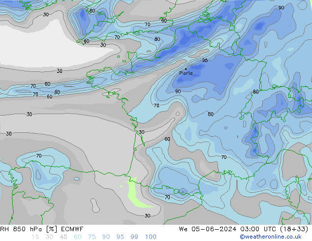 RH 850 hPa ECMWF śro. 05.06.2024 03 UTC