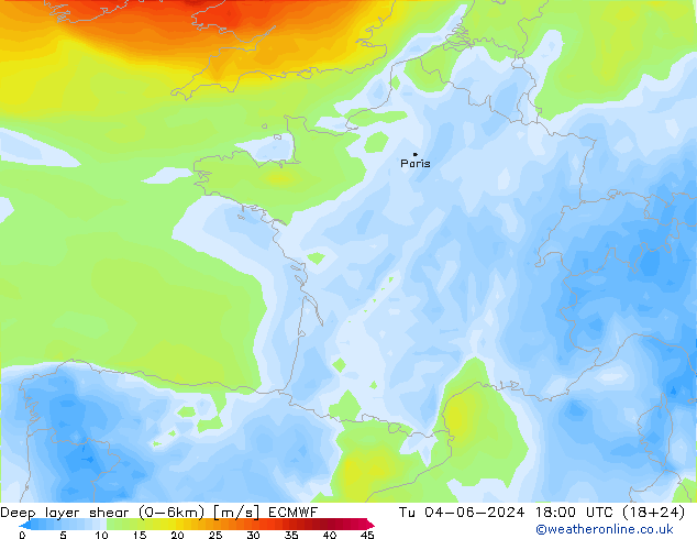Deep layer shear (0-6km) ECMWF Tu 04.06.2024 18 UTC