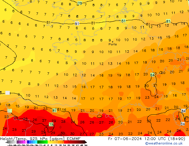 Height/Temp. 925 гПа ECMWF пт 07.06.2024 12 UTC