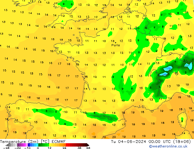 Temperaturkarte (2m) ECMWF Di 04.06.2024 00 UTC