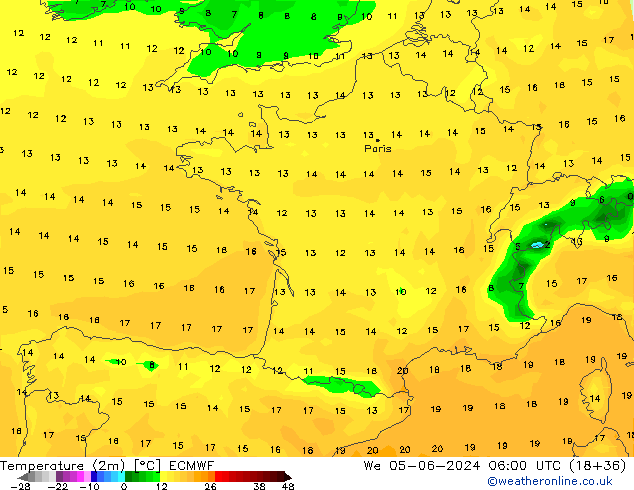 Temperatura (2m) ECMWF mer 05.06.2024 06 UTC