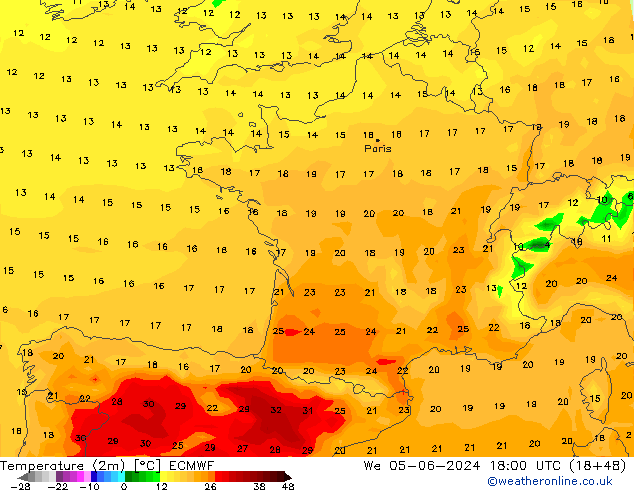 Temperaturkarte (2m) ECMWF Mi 05.06.2024 18 UTC