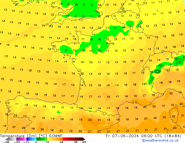 Temperatura (2m) ECMWF vie 07.06.2024 06 UTC