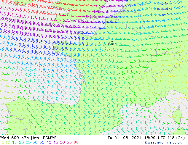 Wind 500 hPa ECMWF Tu 04.06.2024 18 UTC