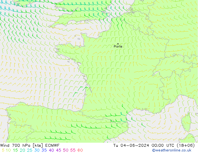Wind 700 hPa ECMWF di 04.06.2024 00 UTC